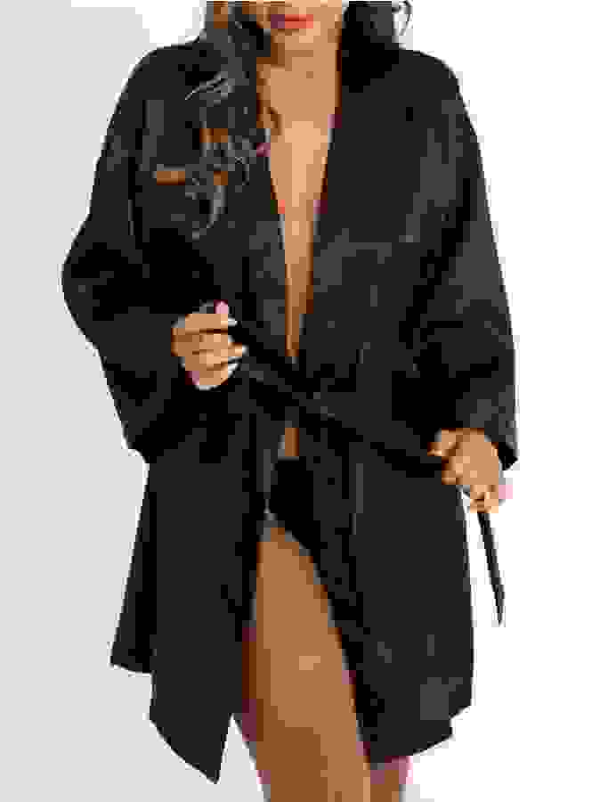 Lovehoney Short Black Satin Robe, Black, hi-res